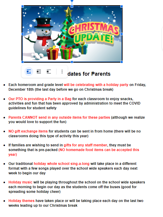 Christmas Update for Parents Information